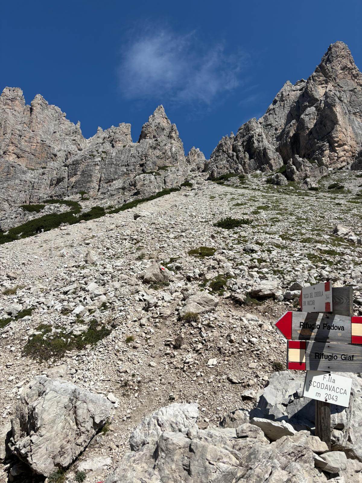 Alla Forcella Scodavacca la traccia prosegue a sinistra su ghiaione 16.08.26 Alla Forcella Scodavacca la traccia prosegue a sinistra su ghiaione 16.08.26